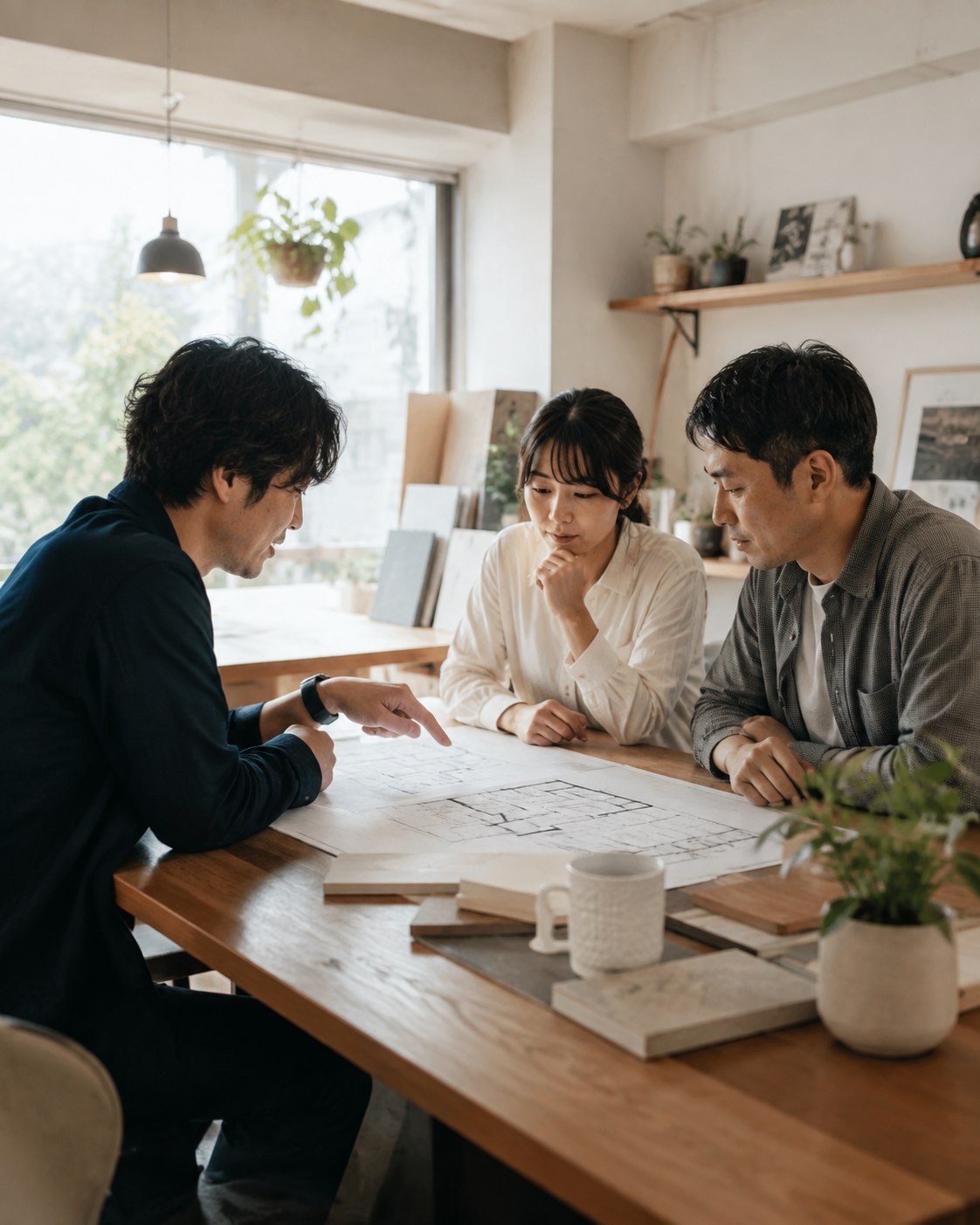 図面を囲んで住まいを相談するイメージ